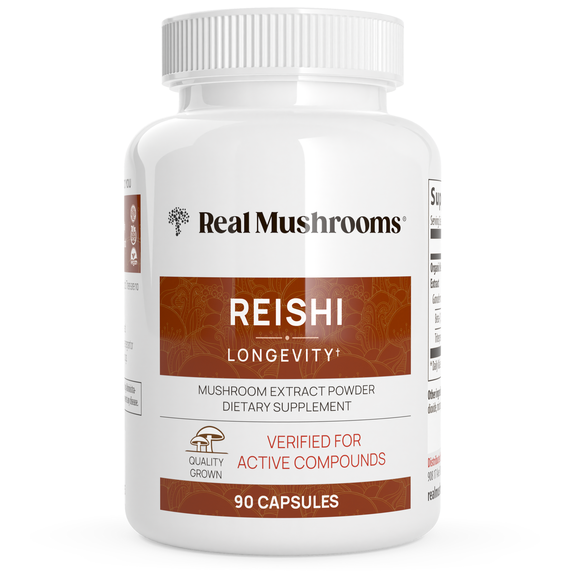 A white bottle of Real Mushrooms Organic Reishi Mushroom Capsules, containing 90 capsules made from organic reishi mushrooms with dual extraction and verified active beta-glucans.