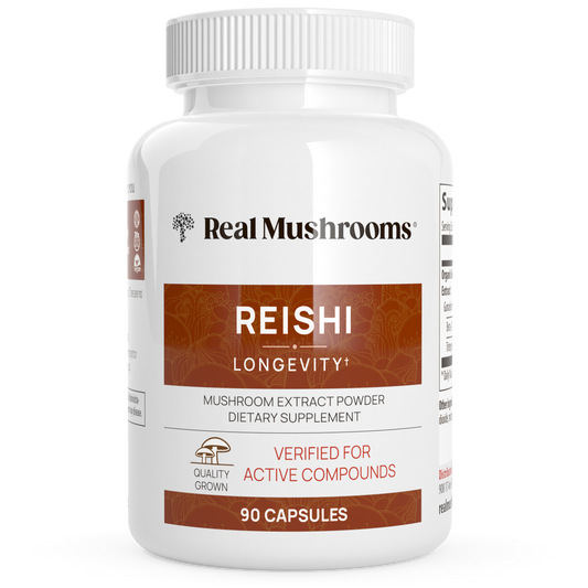 A white bottle of Real Mushrooms Organic Reishi Mushroom Capsules, containing 90 capsules made from organic reishi mushrooms with dual extraction and verified active beta-glucans.