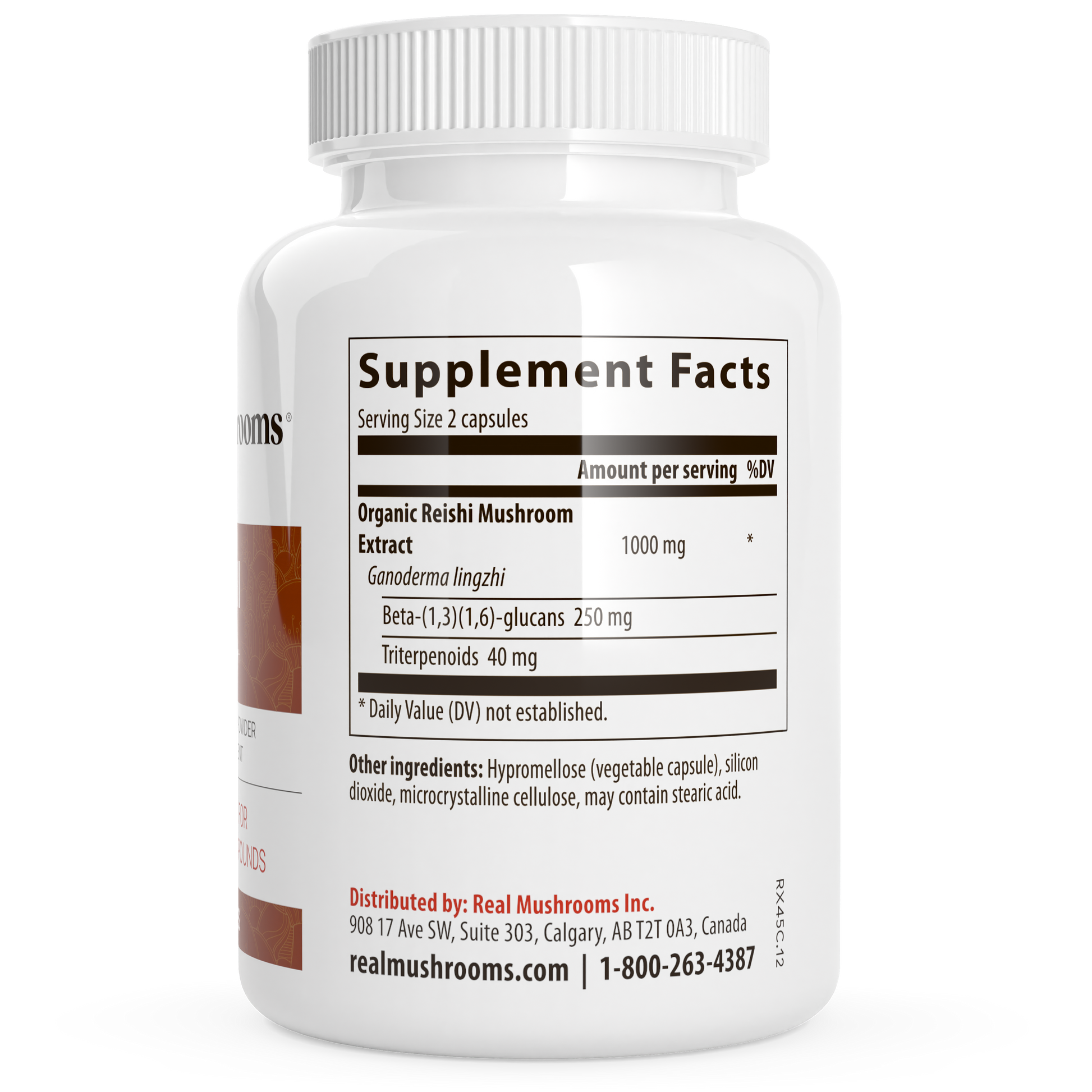 A white bottle of Real Mushrooms Organic Reishi Mushroom Capsules displays the Supplement Facts label with serving size, ingredients, and manufacturer details.