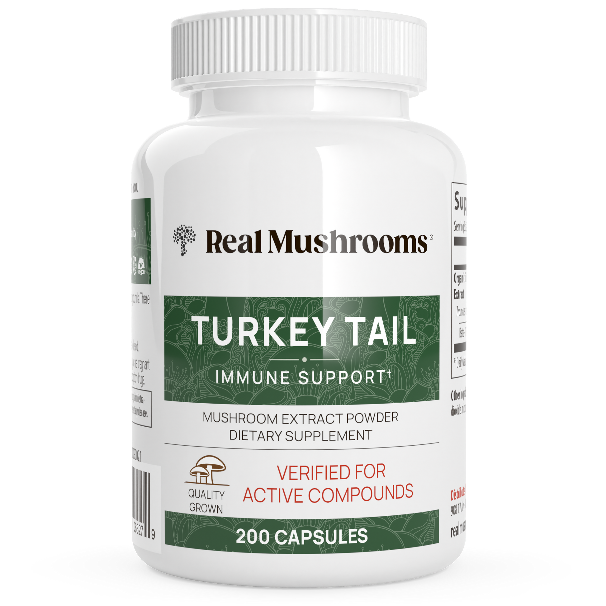A white bottle labeled "Real Mushrooms Turkey Tail Mushroom Capsules" offers 200 capsules of immune support, made from organic turkey tail mushroom extract powder.