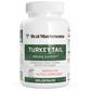 A white bottle labeled "Real Mushrooms Turkey Tail Mushroom Capsules" offers 200 capsules of immune support, made from organic turkey tail mushroom extract powder.