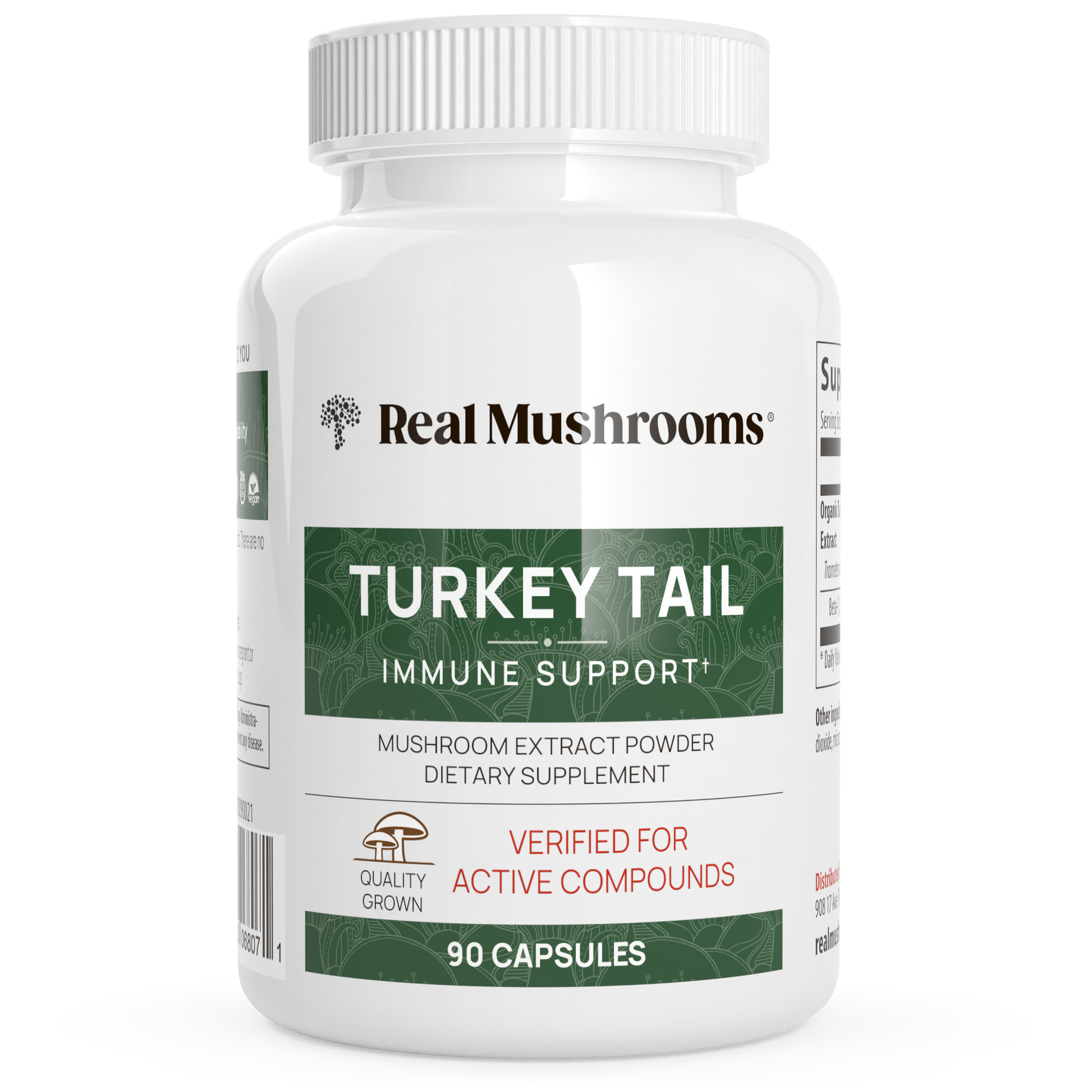 A white bottle labeled "Real Mushrooms Turkey Tail Mushroom Capsules" contains 90 capsules made from organic Turkey Tail mushrooms, formulated as a dietary supplement to support immune health.