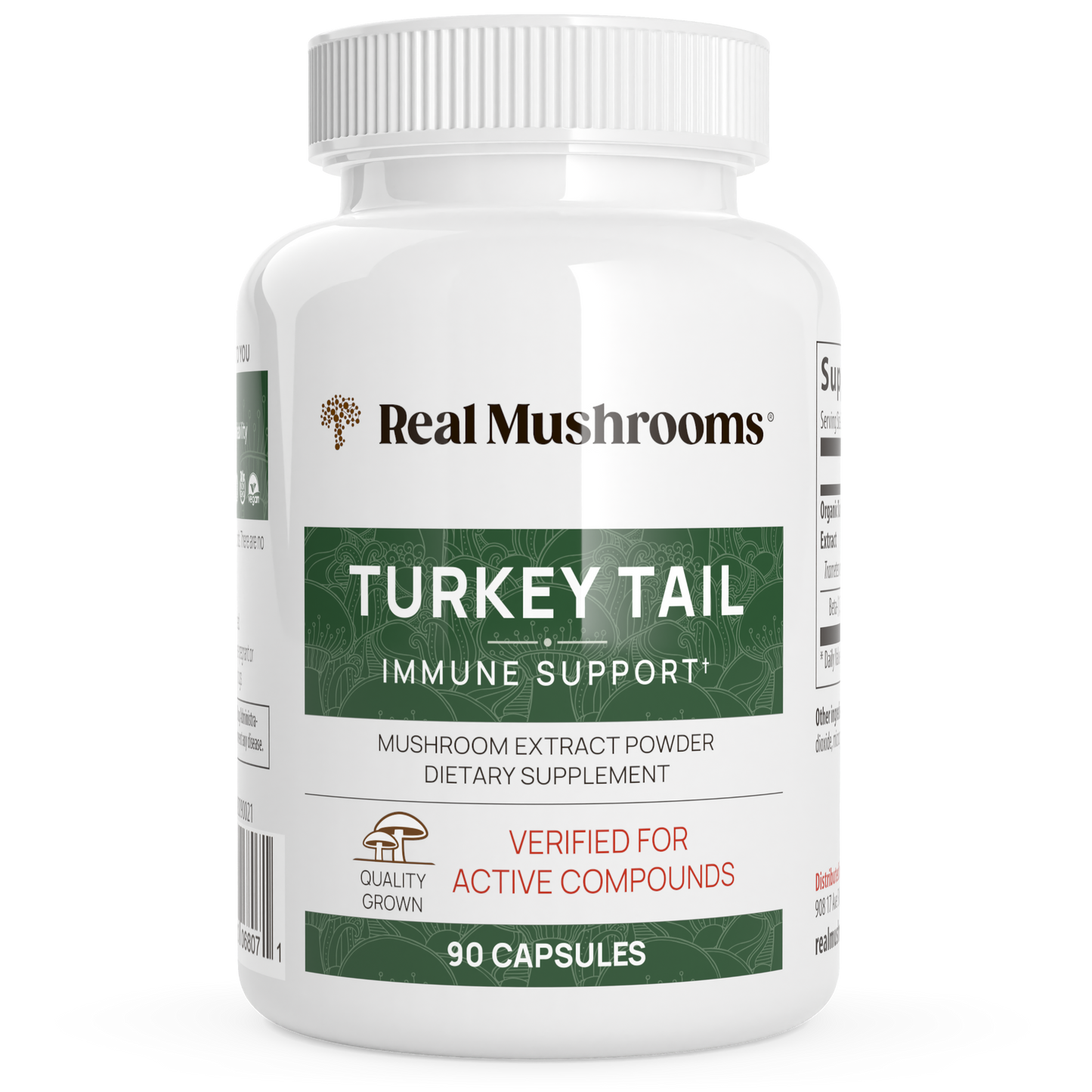 A bottle of Turkey Tail Mushroom Capsules by Real Mushrooms offers immune support with 90 capsules, featuring mushroom extract powder enriched with beta-glucans and quality-verified active compounds.