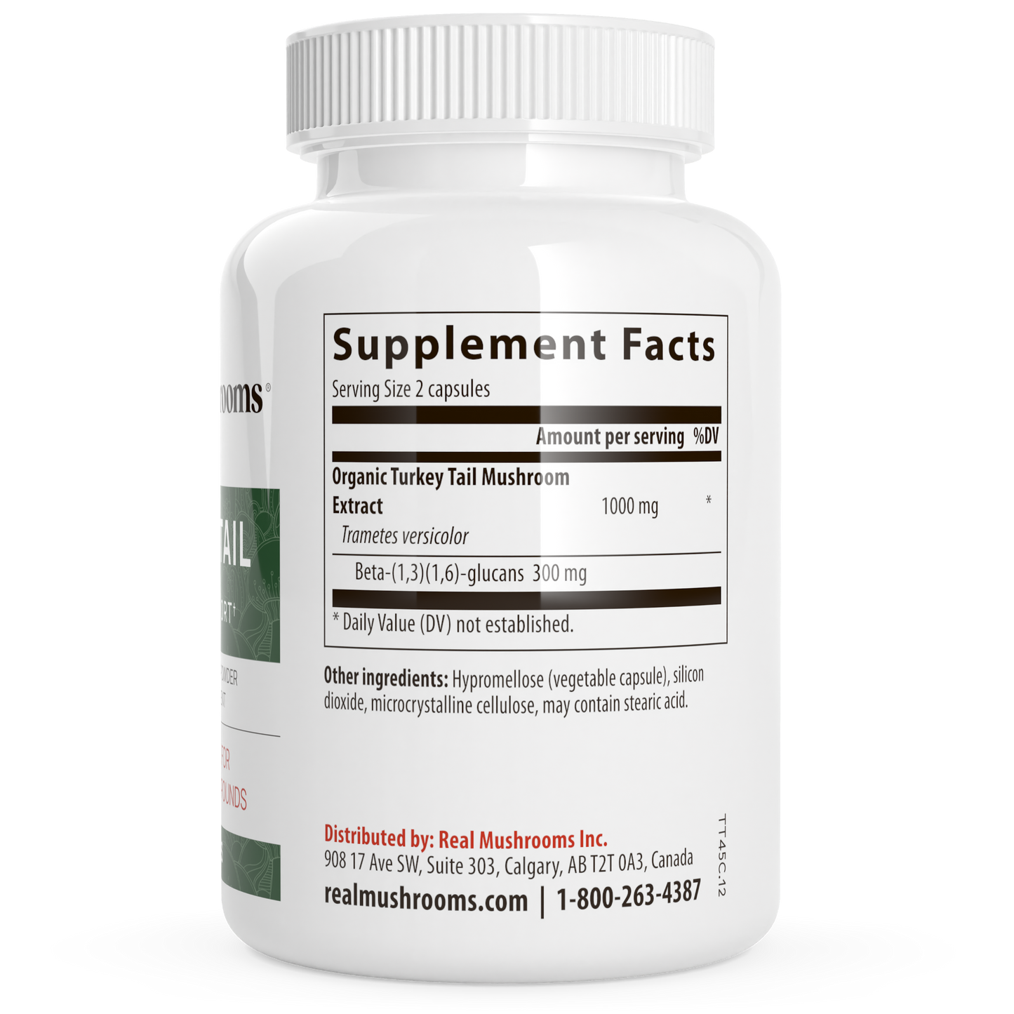 A white bottle of Real Mushrooms Turkey Tail Mushroom Capsules displays "Supplement Facts," listing Organic Turkey Tail extract, ingredients, distributor info, website, and contact number—emphasizing immune support from organic turkey tail.