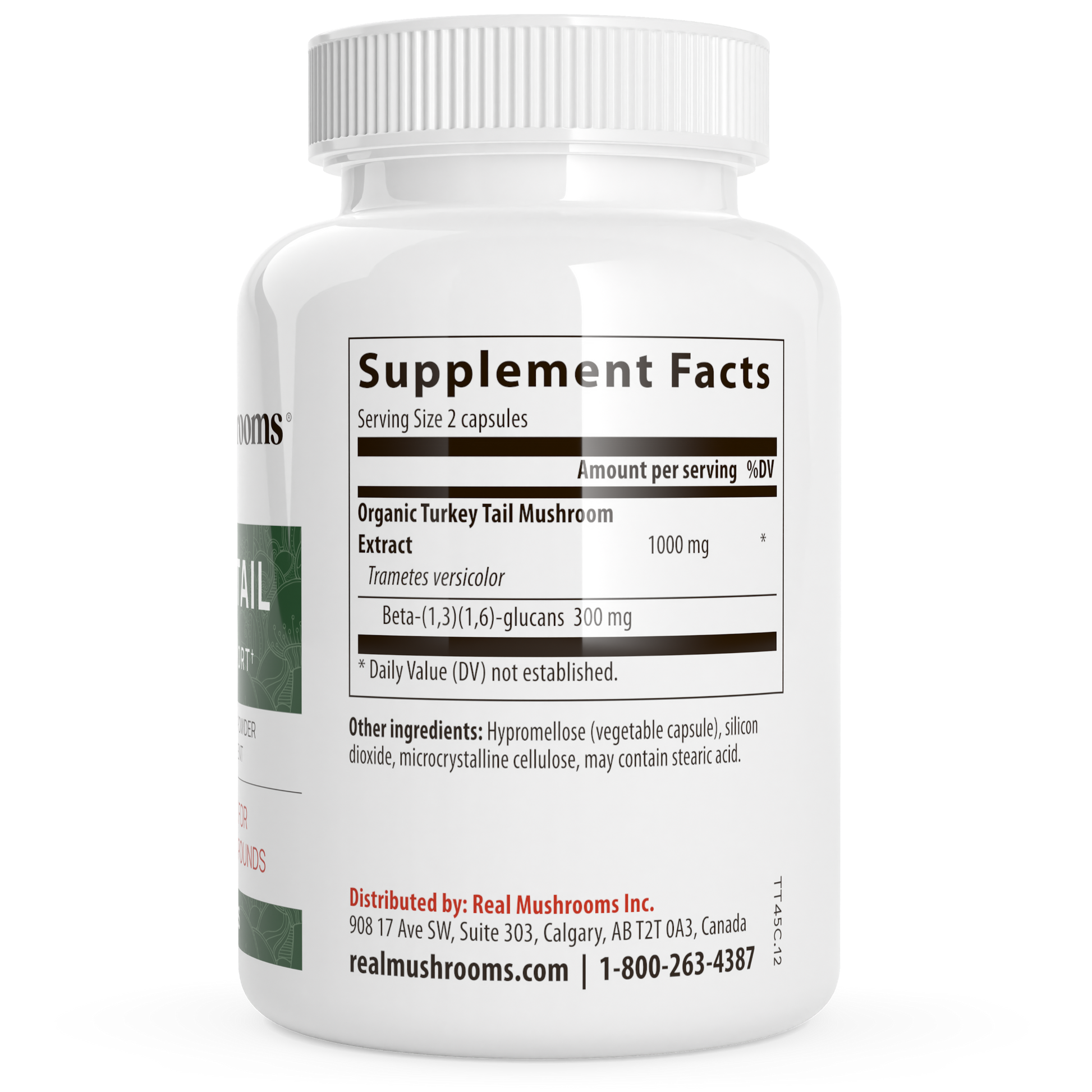 A white bottle of Real Mushrooms Turkey Tail Mushroom Capsules displays "Supplement Facts," listing Organic Turkey Tail extract, ingredients, distributor info, website, and contact number—emphasizing immune support from organic turkey tail.