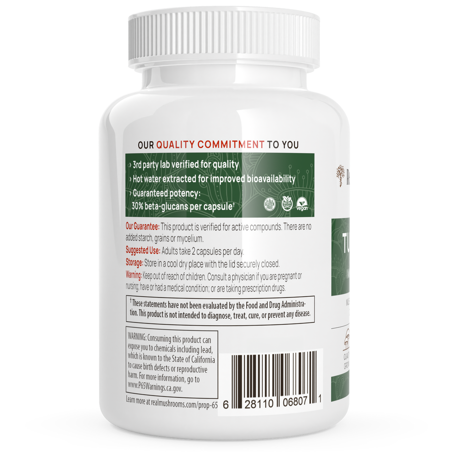 The back view of the Real Mushrooms Turkey Tail Mushroom Capsules bottle displays a quality commitment label, usage directions, storage instructions, and safety warnings for natural immune support. The beta-glucans content, UPC code, and website URL are visible at the bottom.