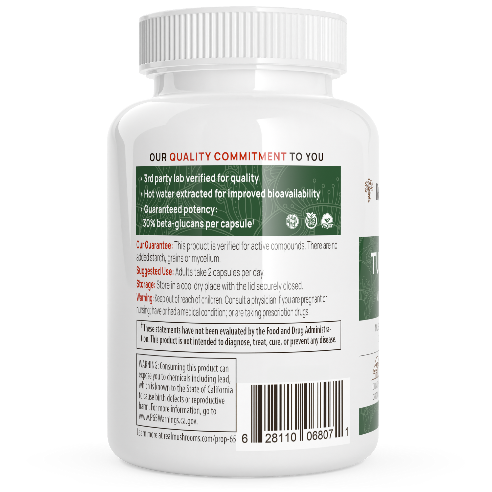 The back view of the Real Mushrooms Turkey Tail Mushroom Capsules bottle displays a quality commitment label, usage directions, storage instructions, and safety warnings for natural immune support. The beta-glucans content, UPC code, and website URL are visible at the bottom.