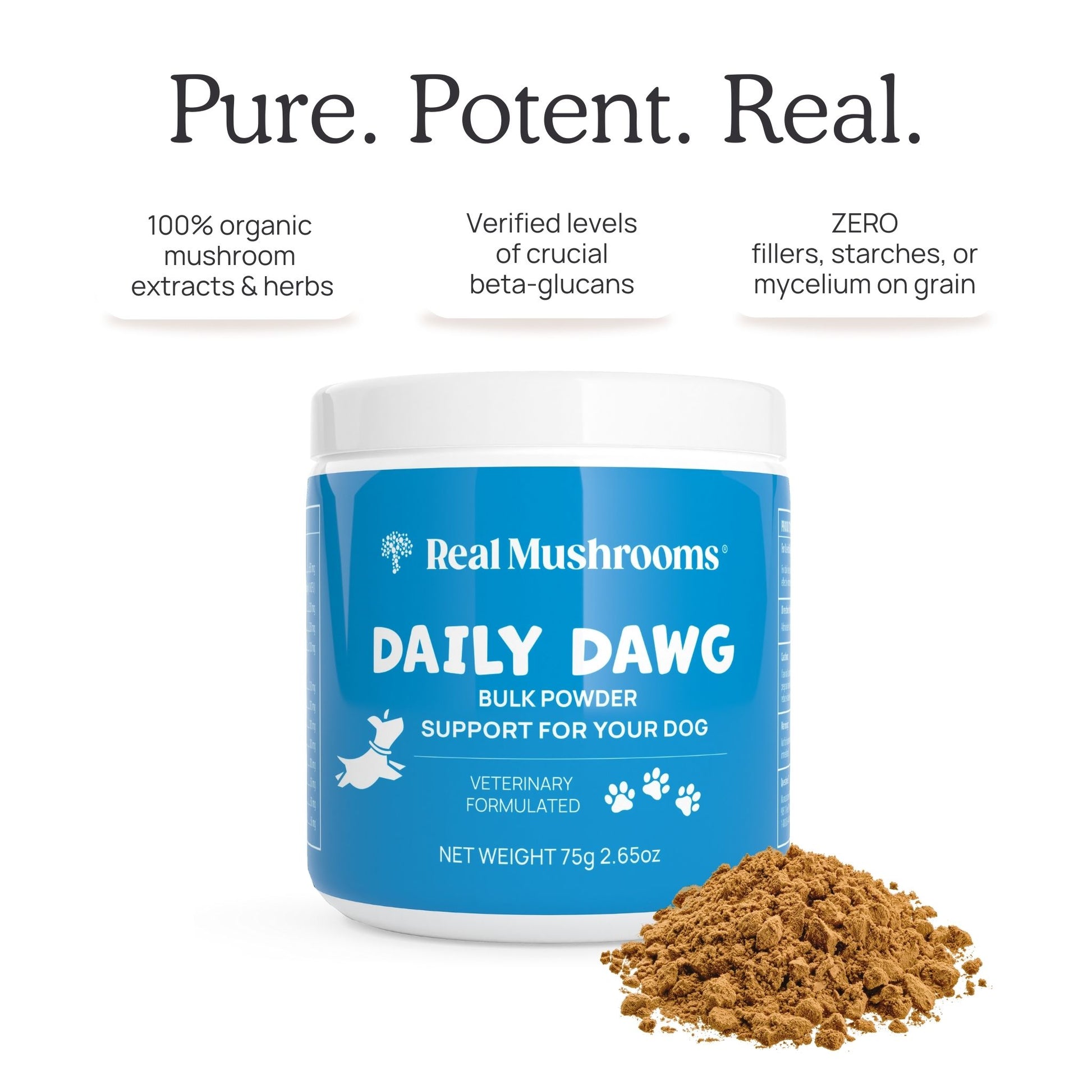 Enjoy Daily Dawg Powder for Pets, now gluten-free, by Real Mushrooms!