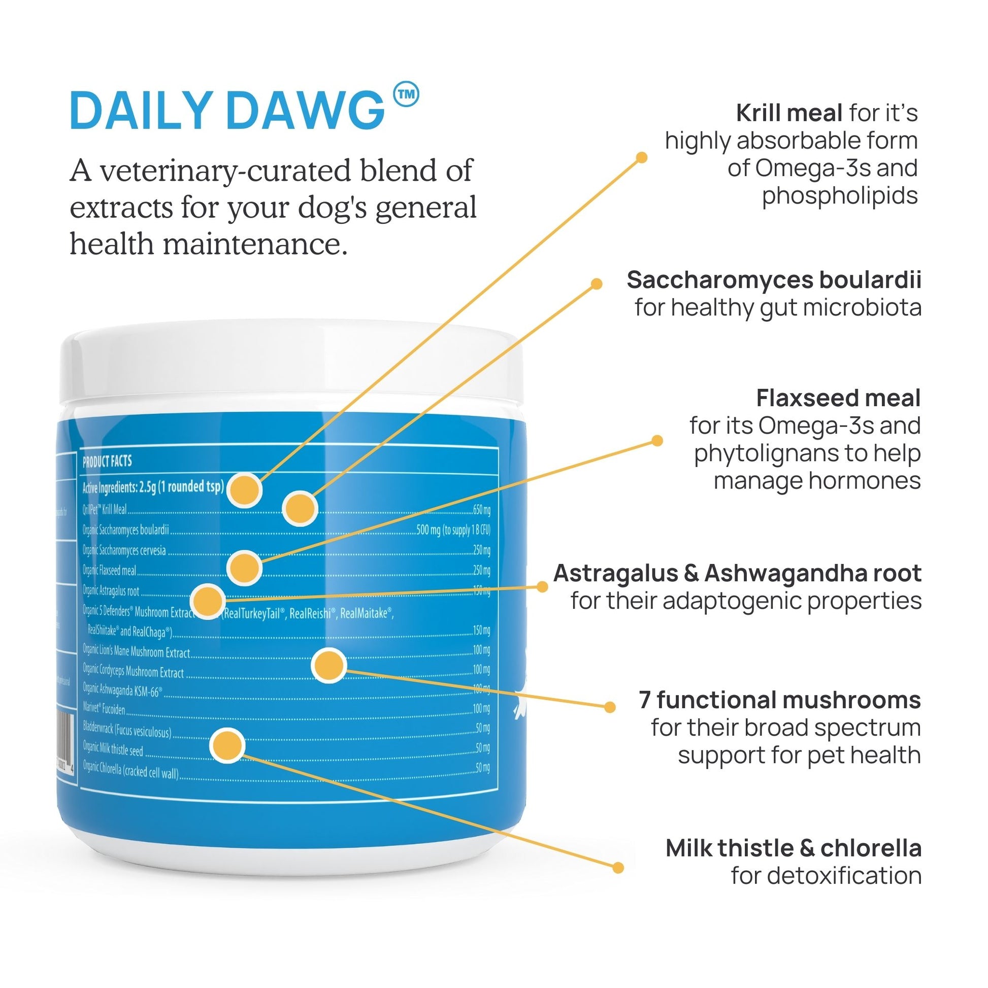 Daily Dawg Powder for Pets by Real Mushrooms is a veterinary-curated supplement for general health maintenance in dogs and cats.