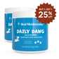 Two containers of Real Mushrooms Daily Dawg Powder for Pets, featuring Certified Organic mushrooms and rich in beta-glucans, with a "Buy 1, Get 1 25% off" offer highlighted in red. Blue and white packaging with paw print and dog graphics. Formulated by Dr. Rob Silver.