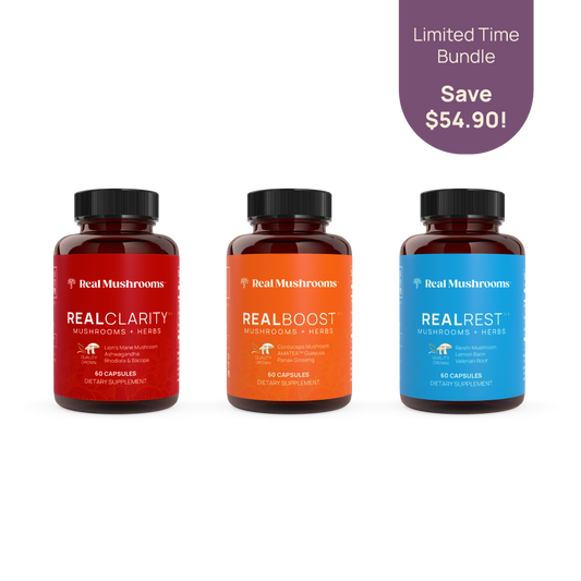 A bundle of three bottles with the words RealHerbs Combo Pack by Real Mushrooms.