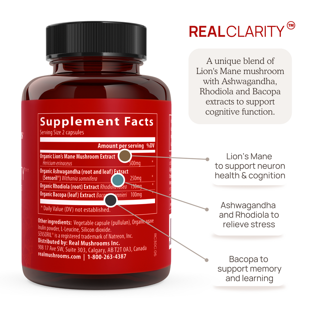A bottle of Real Mushroom's Herbal Blends Bundle packed with vitality and information about the natural defenses ingredients.