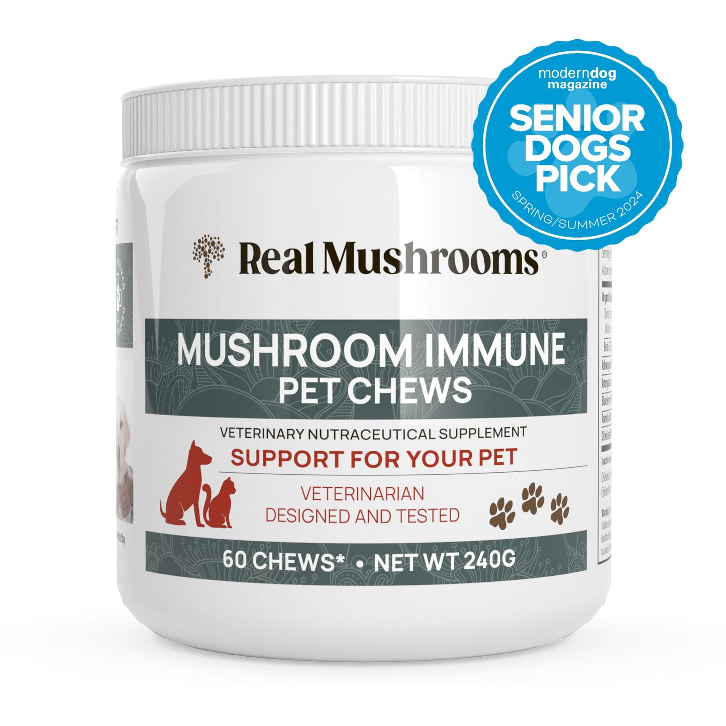 A white container of Mushroom Immune Pet Chews by Real Mushrooms. The label states it is a veterinary nutraceutical supplement with 60 chews, net weight 240g, enhanced with organic mushroom extracts, and includes a "Senior Dogs Pick" badge.