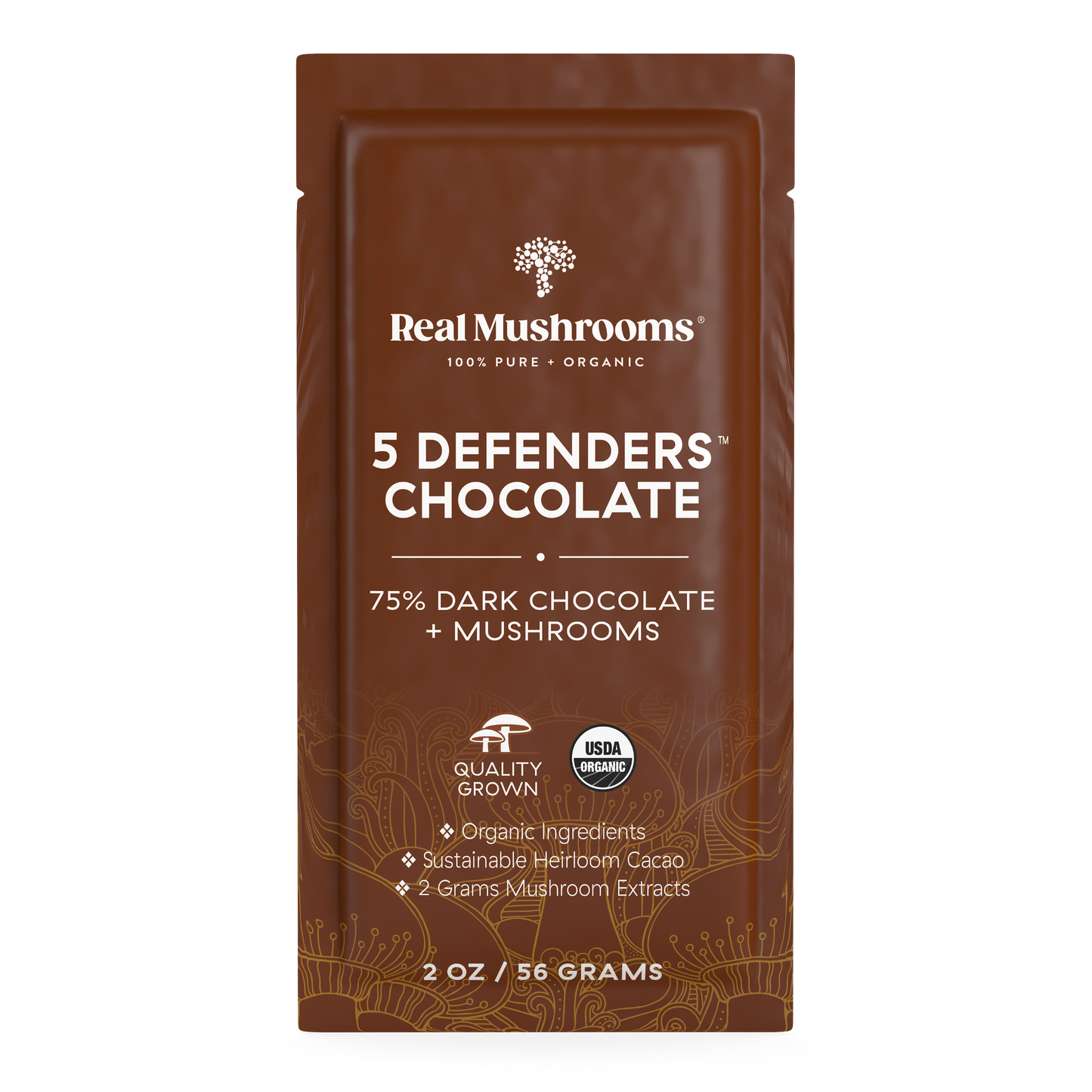Real Mushrooms' Mushroom Chocolate 5 Pack, sourced from trusted 3rd party labs, includes an organic mushroom extract blend.