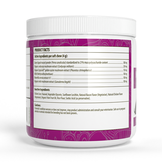A white plastic container with a purple label shows facts, ingredients, and cautions for Real Mushrooms Mushroom Mobility Pet Chews—supplements that support pet joint health.