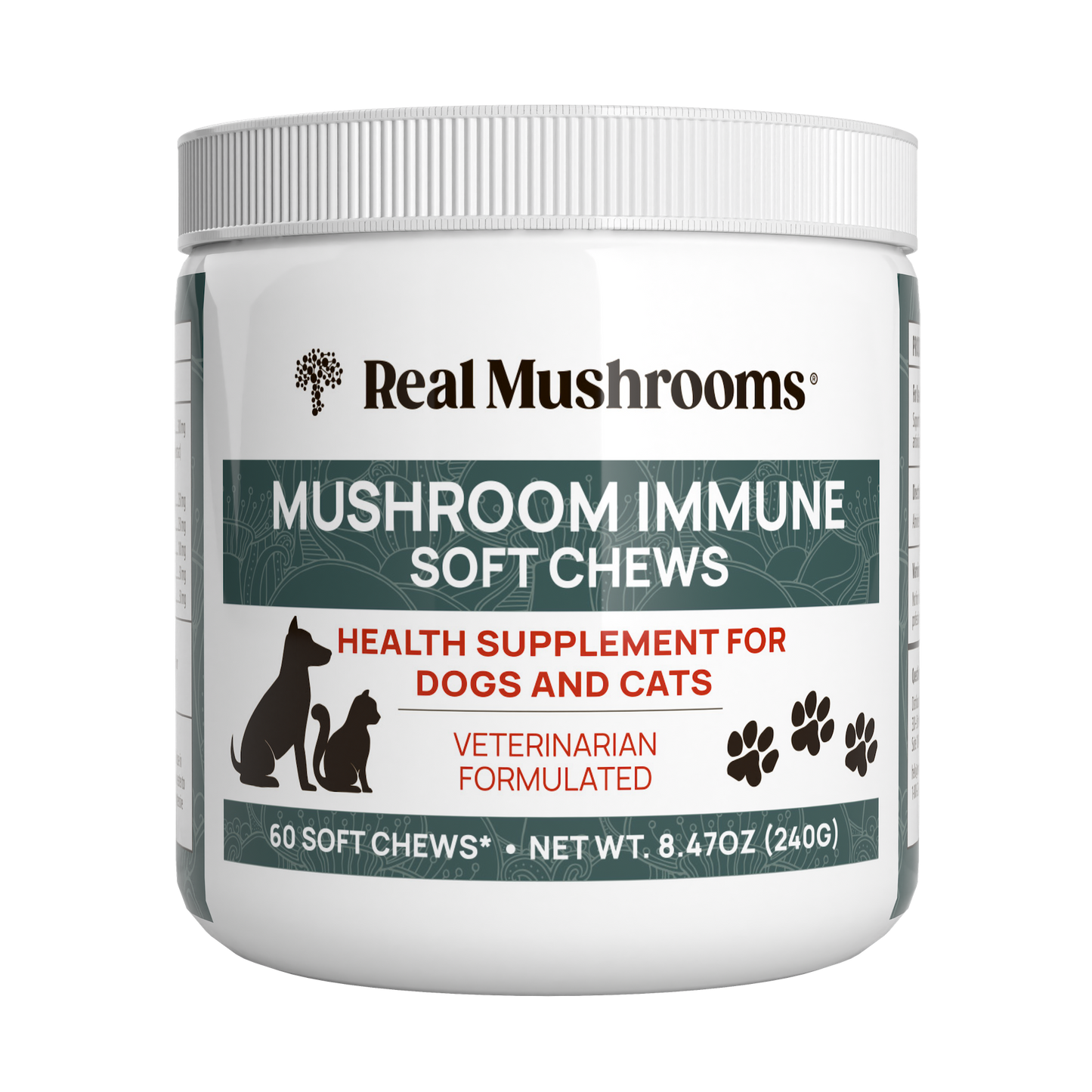 Container of Real Mushrooms' Mushroom Immune Pet Chews, a veterinary-formulated health supplement abundant in mushroom beta-glucans for dogs and cats. Includes 60 organic extract chews, with a net weight of 8.47 oz (240g).