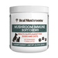 Container of Real Mushrooms' Mushroom Immune Pet Chews, a veterinary-formulated health supplement abundant in mushroom beta-glucans for dogs and cats. Includes 60 organic extract chews, with a net weight of 8.47 oz (240g).