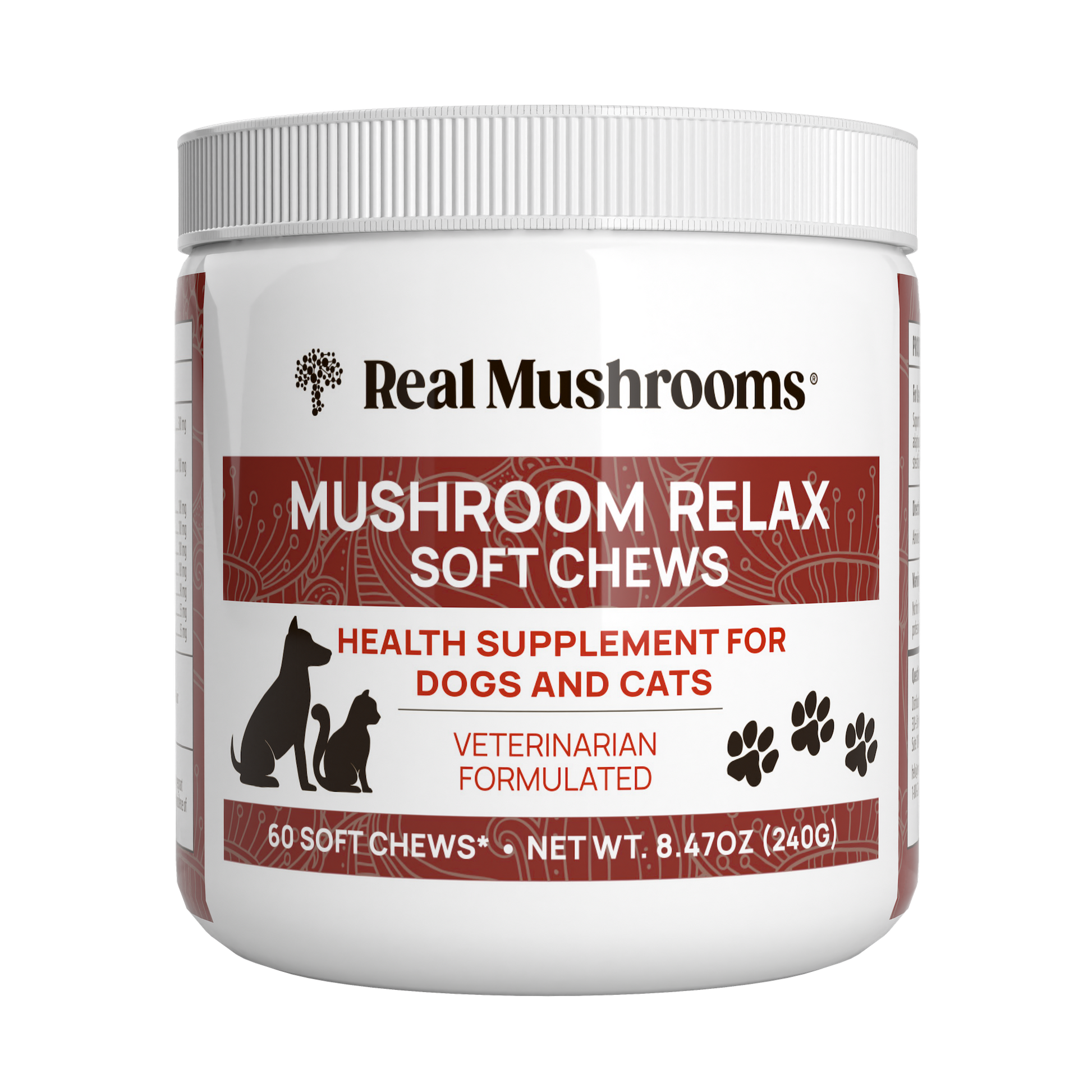 Container of "Mushroom Relax Pet Chews" by Real Mushrooms, a health supplement for dogs and cats enriched with Reishi mushroom adaptogens. The label features silhouettes of a dog and cat along with paw prints.