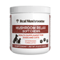 Container of "Mushroom Relax Pet Chews" by Real Mushrooms, a health supplement for dogs and cats enriched with Reishi mushroom adaptogens. The label features silhouettes of a dog and cat along with paw prints.