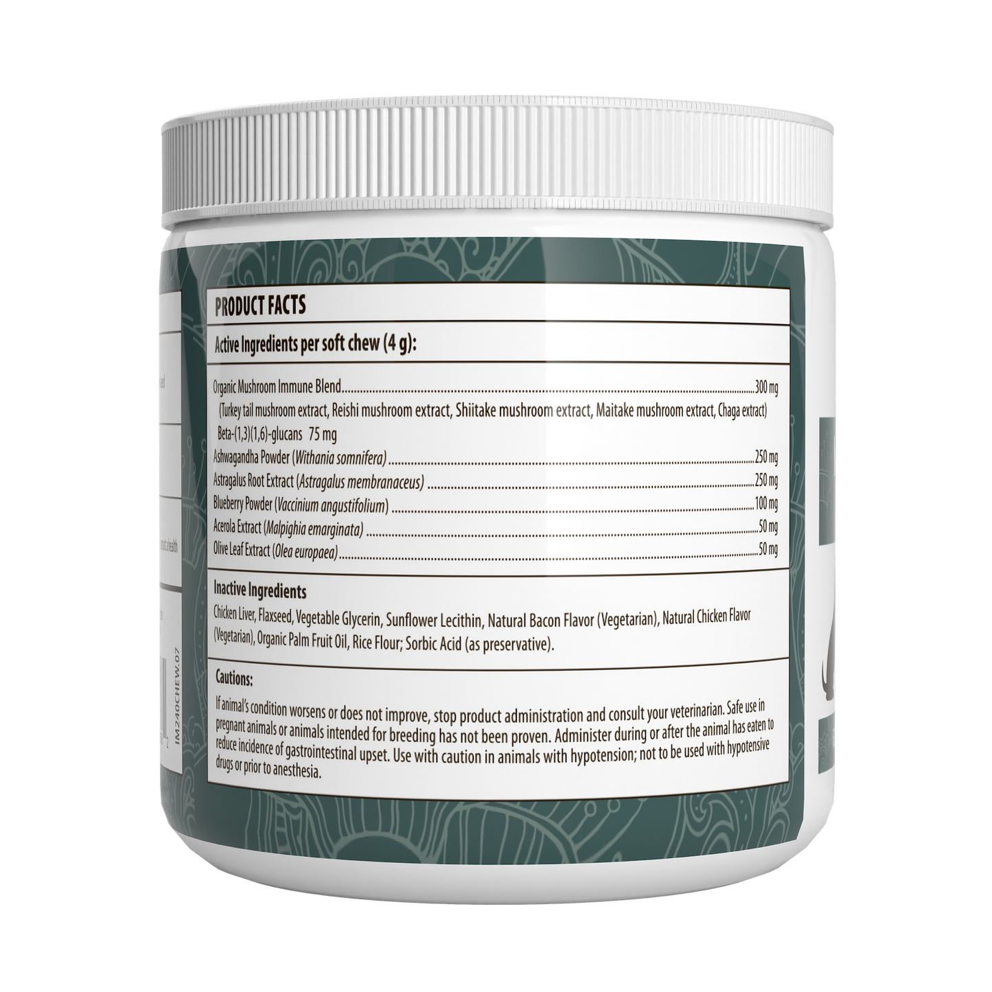 Real Mushrooms' Mushroom Immune Pet Chews contain mushroom-based treats enriched with mushroom beta-glucans. The label offers essential product facts, information on both active and inactive ingredients, and important usage cautions for your peace of mind.