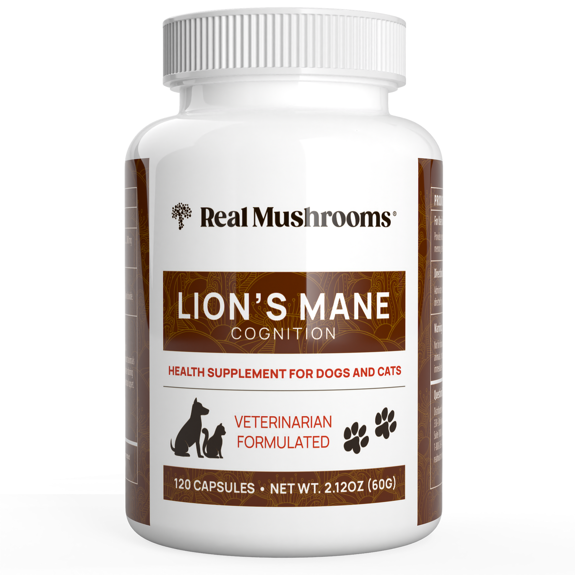 A white bottle featuring a label that proudly displays Certified Organic ingredients, containing the Organic Lions Mane Extract Capsules for Pets by Real Mushrooms.