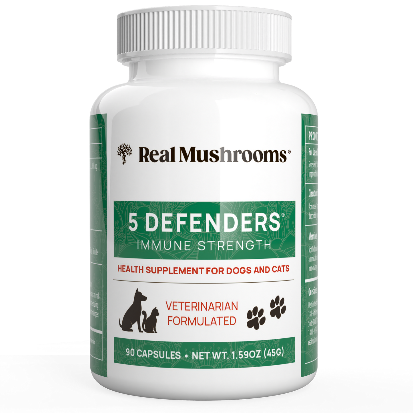 A white bottle labeled "5 Defenders Organic Mushroom Blend Capsules for Pets" by Real Mushrooms for dogs and cats contains 90 capsules of organic mushroom extracts. It is marked as a "Vegan Health Supplement" with a net weight of 1.59 oz (45g).