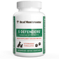 A white bottle labeled "5 Defenders Organic Mushroom Blend Capsules for Pets" by Real Mushrooms for dogs and cats contains 90 capsules of organic mushroom extracts. It is marked as a "Vegan Health Supplement" with a net weight of 1.59 oz (45g).