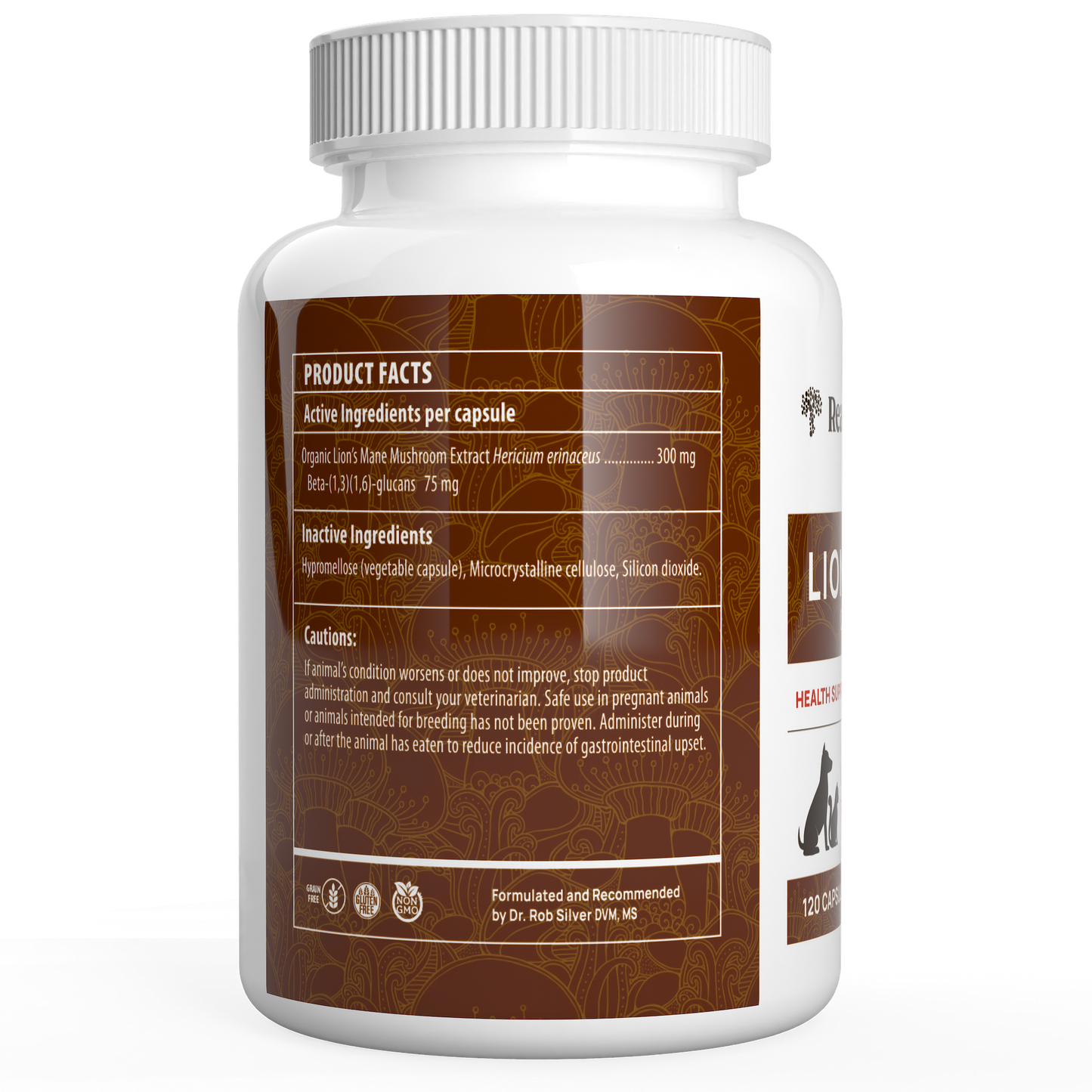 A supplement bottle labeled with "Organic Lions Mane Extract Capsules for Pets" by Real Mushrooms, featuring certified organic ingredients and cautionary details, including Lion's Mane mushroom extract and beta-glucans.