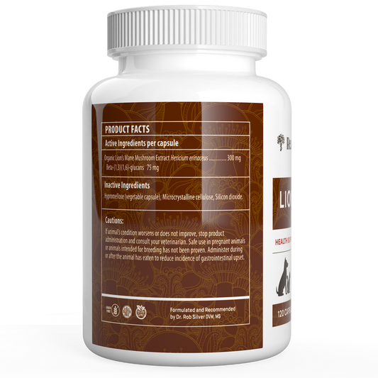 A supplement bottle labeled with "Organic Lions Mane Extract Capsules for Pets" by Real Mushrooms, featuring certified organic ingredients and cautionary details, including Lion's Mane mushroom extract and beta-glucans.