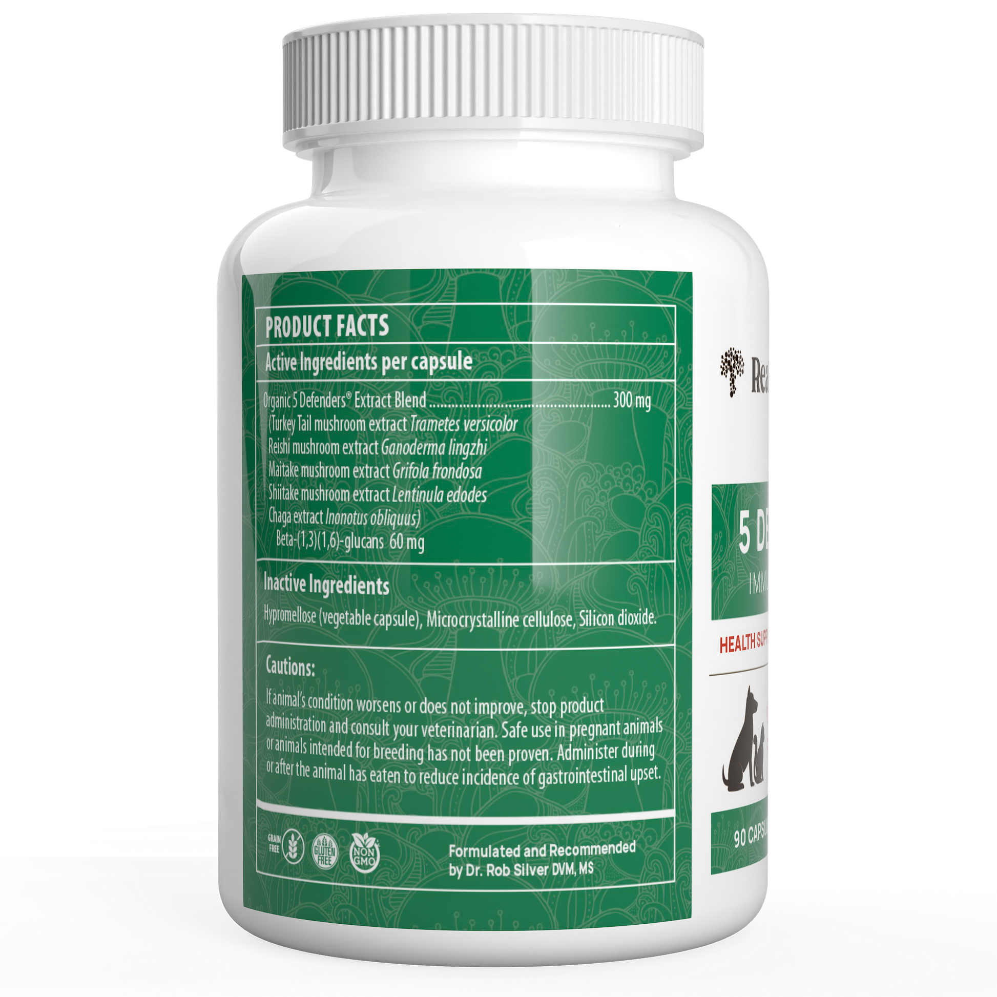 The 5 Defenders Organic Mushroom Blend Capsules for Pets from Real Mushrooms come in a white bottle with a green label, providing information on product facts, ingredients, and cautions. It contains 90 capsules enriched with organic mushroom extracts to offer additional benefits.