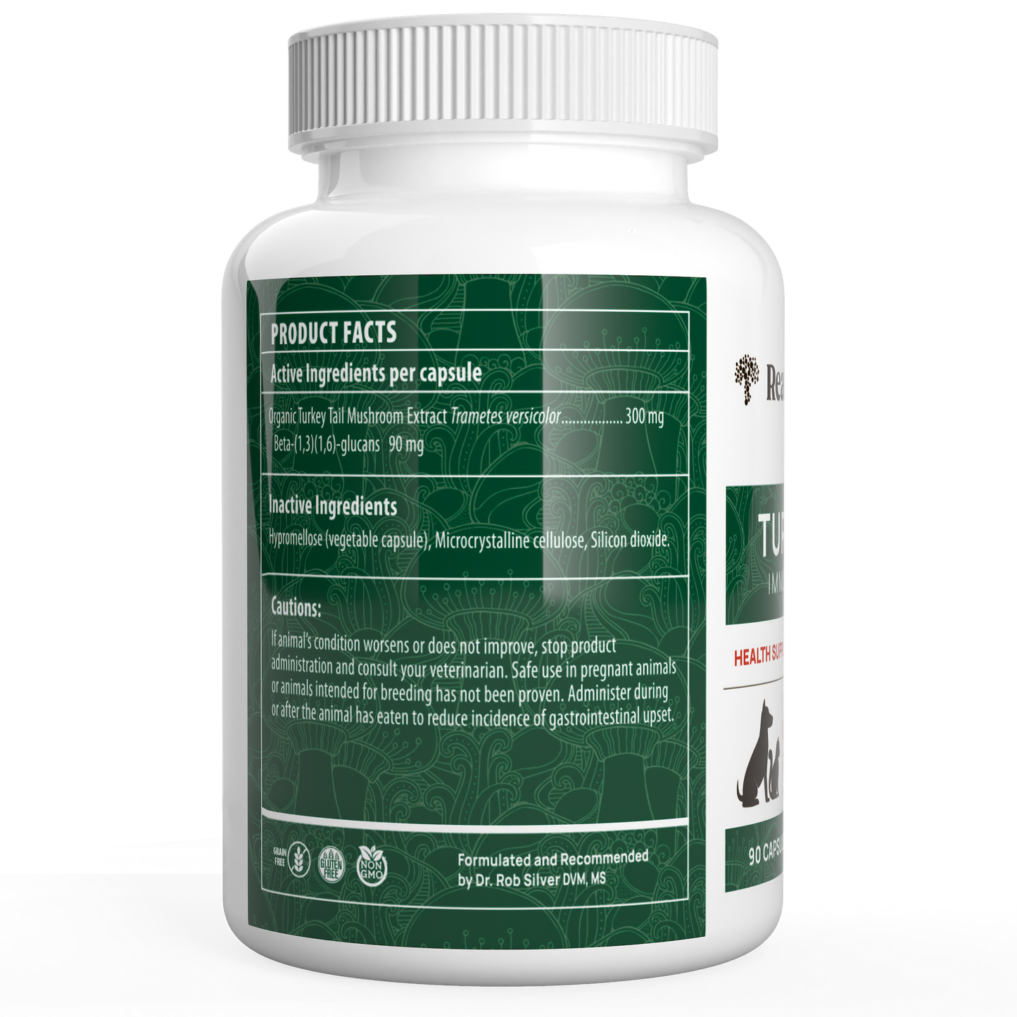 A supplement bottle labeled with a green design, the Turkey Tail Extract Capsules for Pets by Real Mushrooms, lists product facts including active and inactive ingredients sourced from organic mushrooms. It also has a caution statement advising veterinary consultation about beta-glucans.