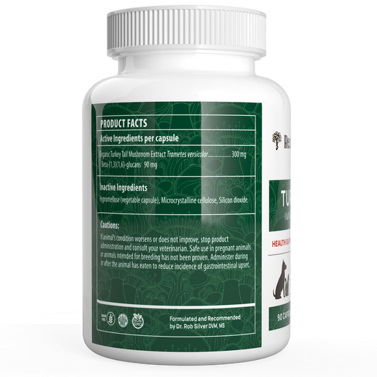 A supplement bottle labeled with a green design, the Turkey Tail Extract Capsules for Pets by Real Mushrooms, lists product facts including active and inactive ingredients sourced from organic mushrooms. It also has a caution statement advising veterinary consultation about beta-glucans.