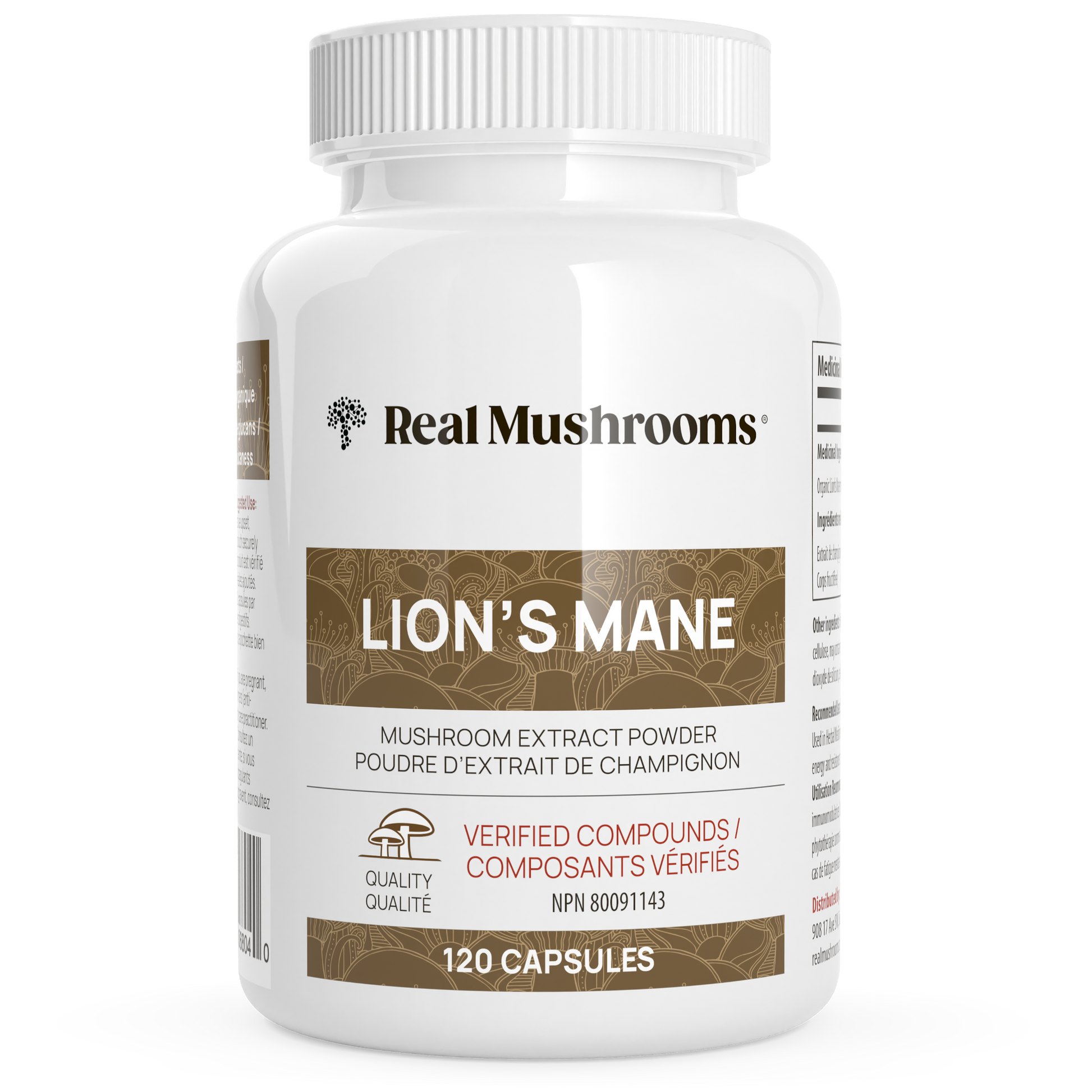 A white bottle labeled "Organic Lion's Mane Extract Capsules" by Real Mushrooms contains 120 capsules made from organic mushrooms, featuring quality and immune support verification on the label.