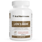 A white bottle labeled "Organic Lion's Mane Extract Capsules" by Real Mushrooms contains 120 capsules made from organic mushrooms, featuring quality and immune support verification on the label.