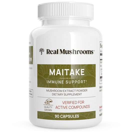 Real Mushrooms organic Maitake mushroom capsules made from hot water extraction.