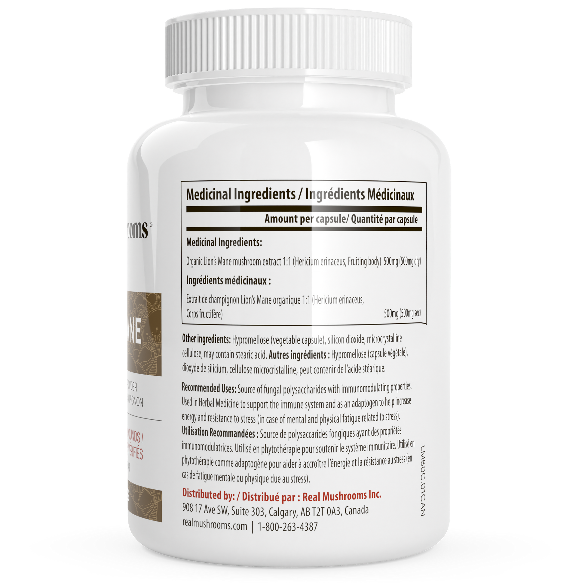 White bottle labeled "Organic Lions Mane Extract Capsules" by Real Mushrooms. Label lists medicinal/other ingredients, beta-glucans amount, dosage, and manufacturer contact info in English and French. Contains extract from organic Lion's Mane mushrooms.