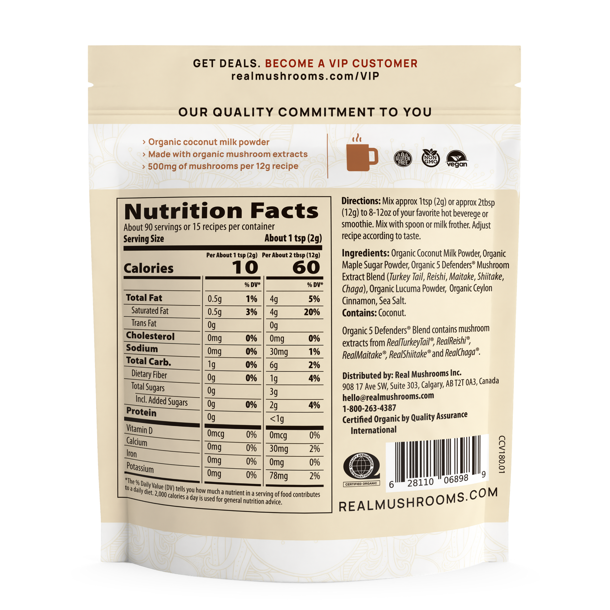 The nutrition facts for a bag of coffee with Real Mushrooms organic mushroom extract and Functional Coconut Creamer - Powder.