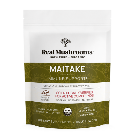Real Mushrooms Organic Maitake Mushroom Powder – Bulk Extract, made from organic maitake mushrooms, using hot water extraction method to create a potent mushroom extract.