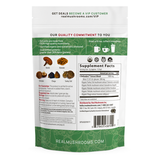 An image of a Real Mushrooms 5 Defenders for Pets – Bulk Powder bag with a label on it.
