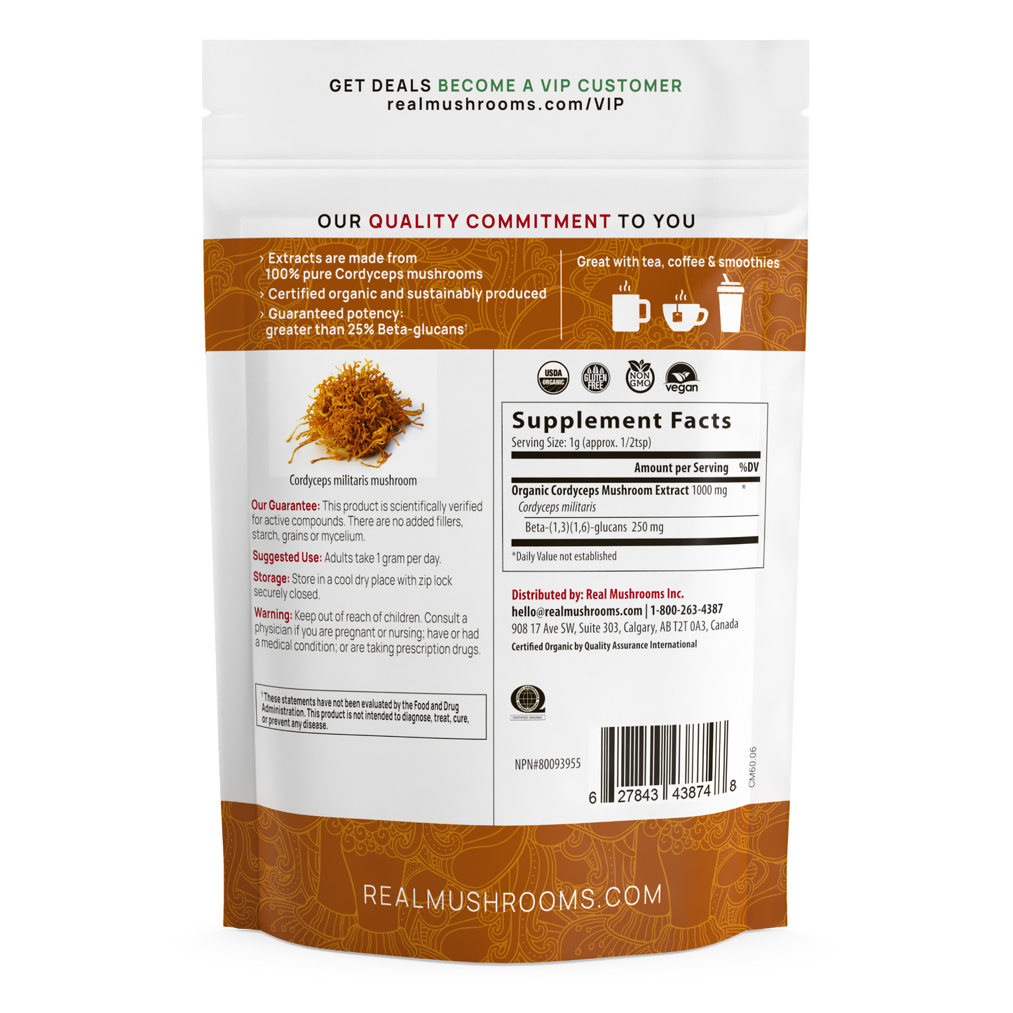 A bag of Organic Cordyceps Mushroom Extract Powder for Pets by Real Mushrooms on a black background.