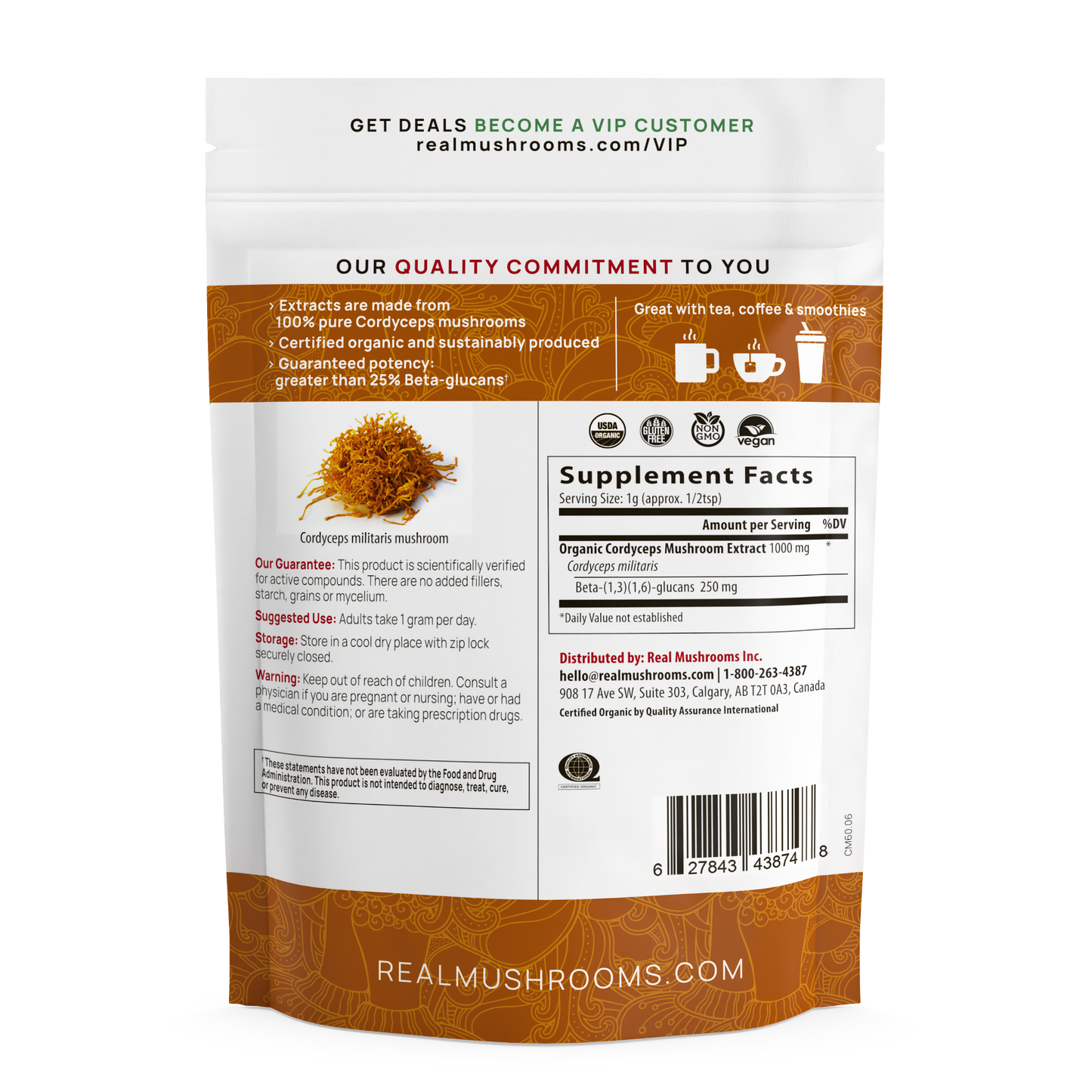 The back of a bag of Organic Cordyceps Mushroom Extract Powder – Bulk Supplement by Real Mushrooms.