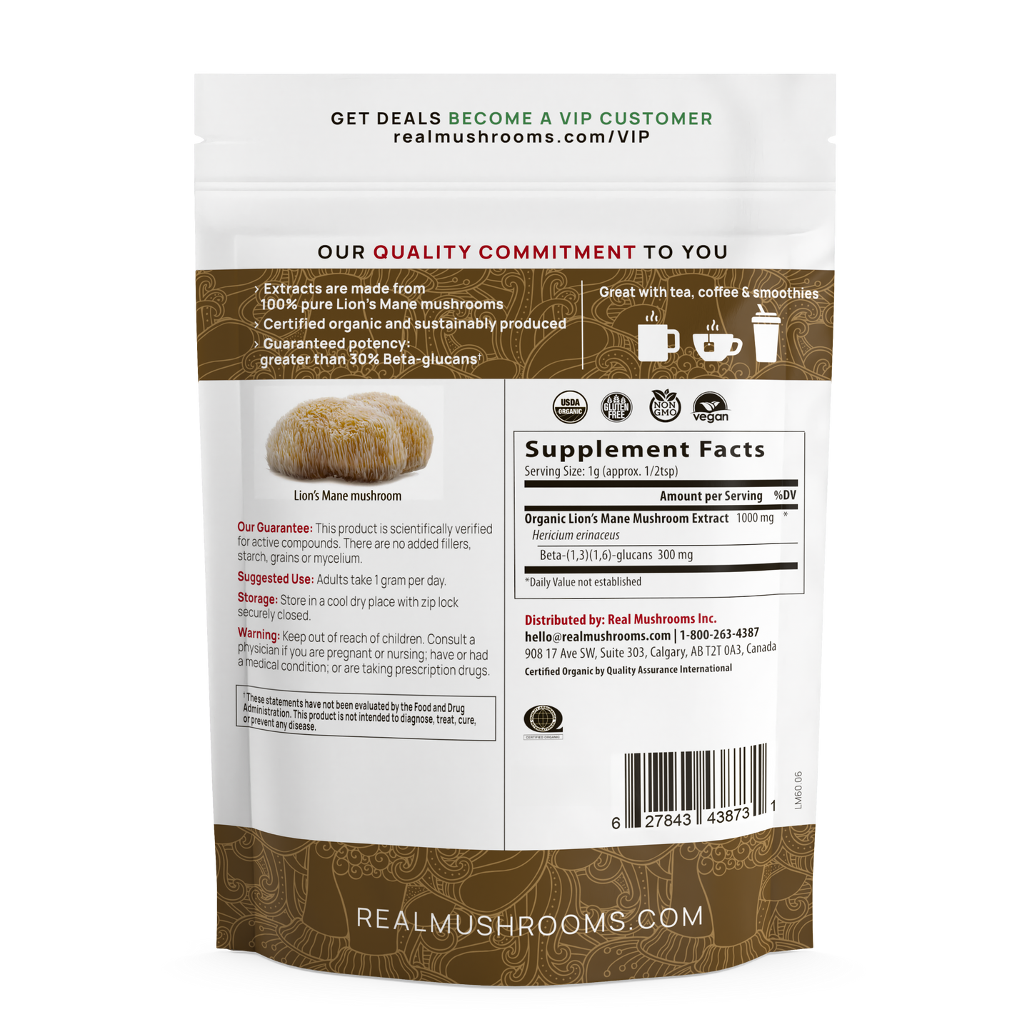 The back of a bag of Real Mushrooms Organic Lions Mane Mushroom Powder – Bulk Extract chia seeds.