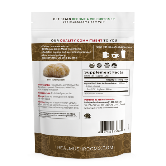 The back of a bag of Real Mushrooms Organic Lions Mane Mushroom Powder – Bulk Extract chia seeds.