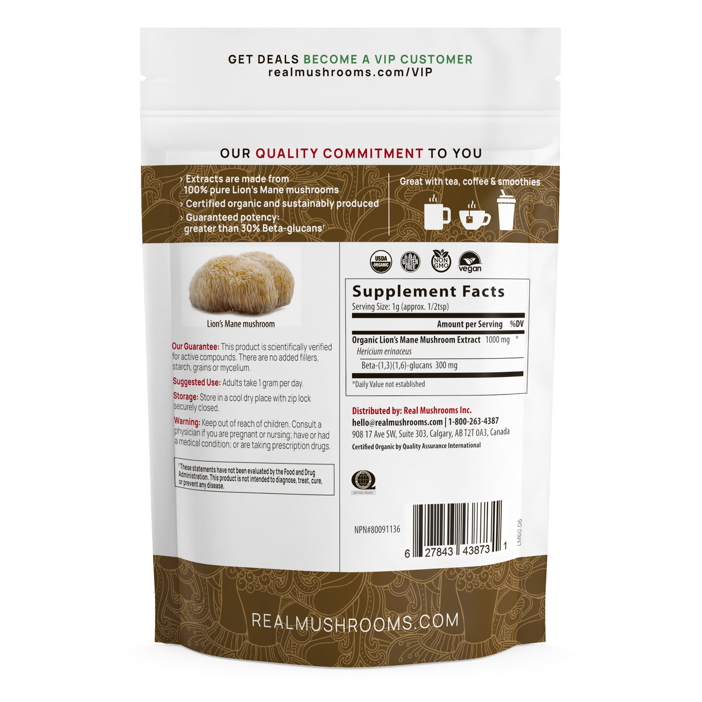 A bag of Organic Lions Mane Mushroom Powder for Pets by Real Mushrooms on a black background.