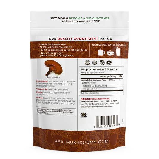 The back of a bag of Organic Reishi Mushroom Powder – Bulk Extract by Real Mushrooms.