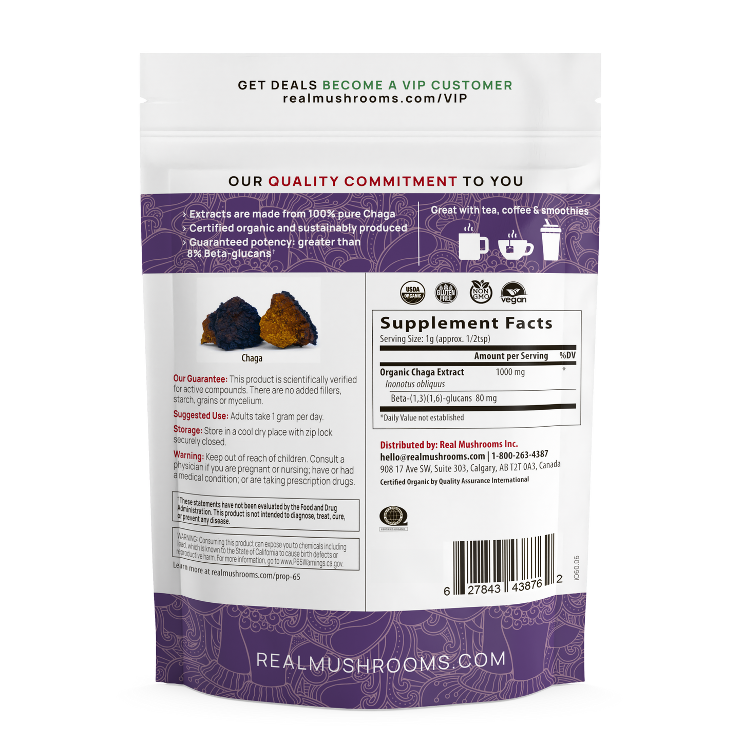 The back of a bag of Organic Chaga Extract Powder from Real Mushrooms.