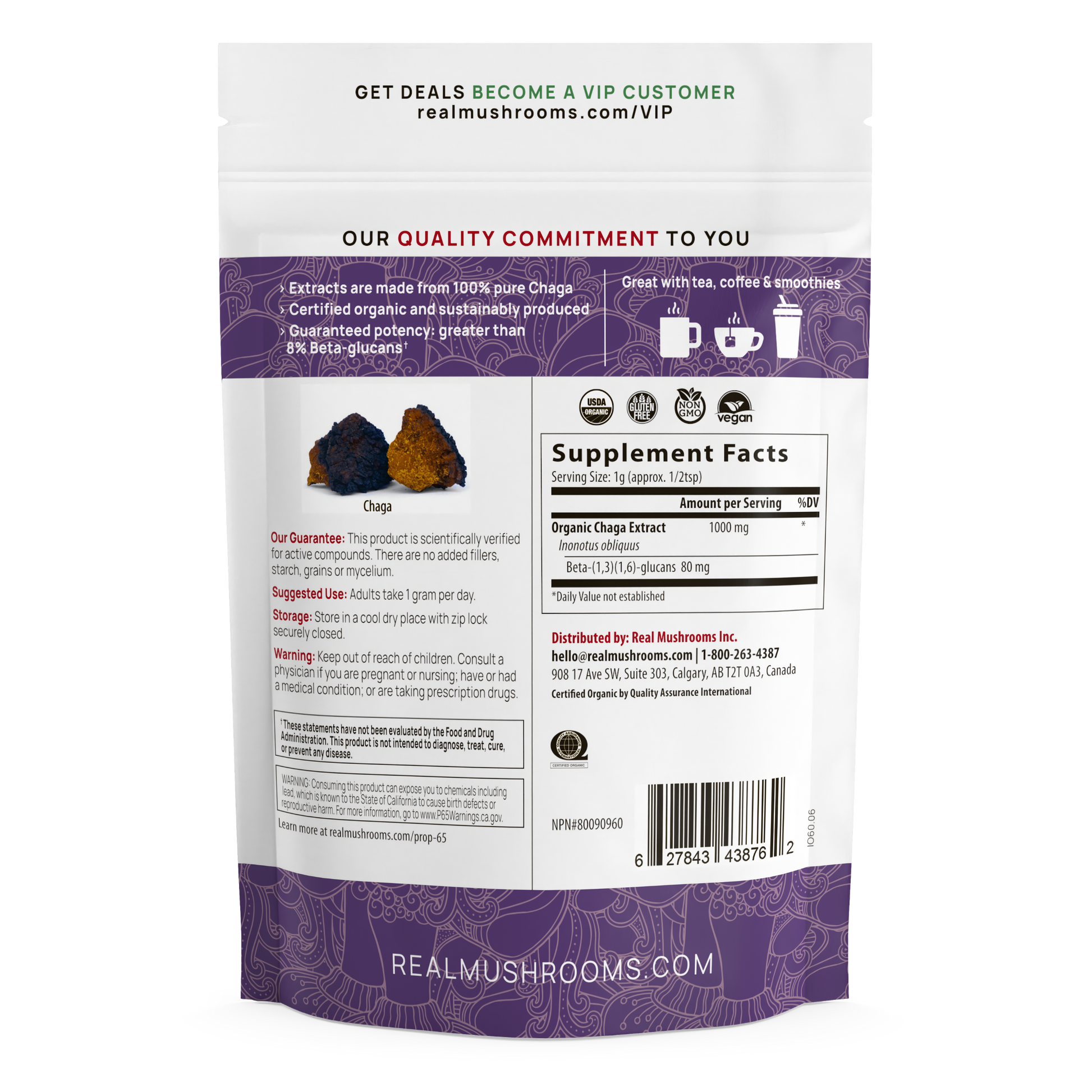 A Real Mushrooms pouch with a purple Organic Chaga Extract Powder for Pets label on it.