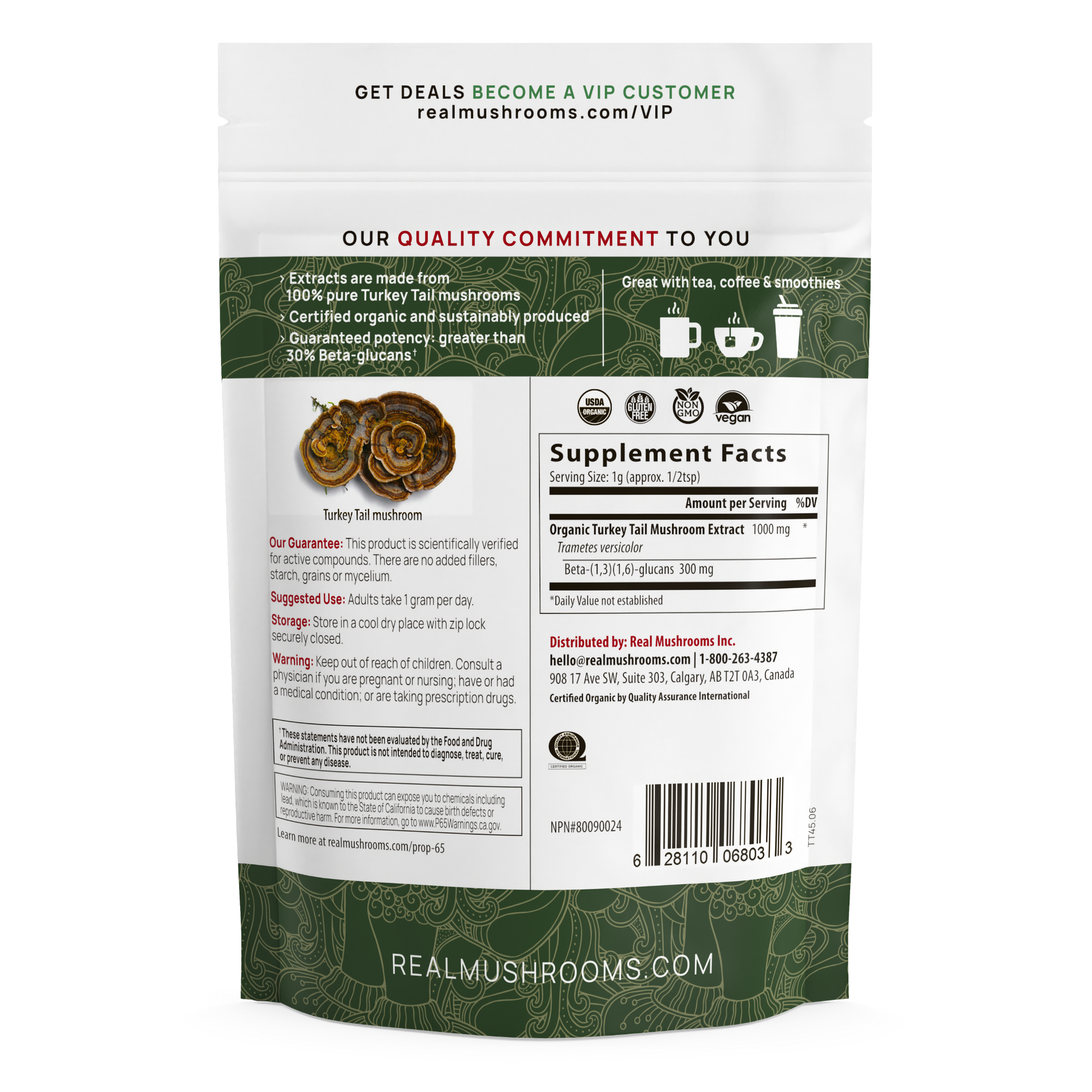 A pouch of Real Mushrooms Turkey Tail Mushroom Extract Powder for Pets with the label on it.