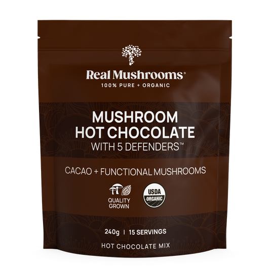A brown pouch labeled "Real Mushrooms Mushroom Hot Chocolate Mix," features USDA Organic details, organic cacao powder, an organic mushroom extract blend, and info on cacao, functional mushrooms, and serving size.