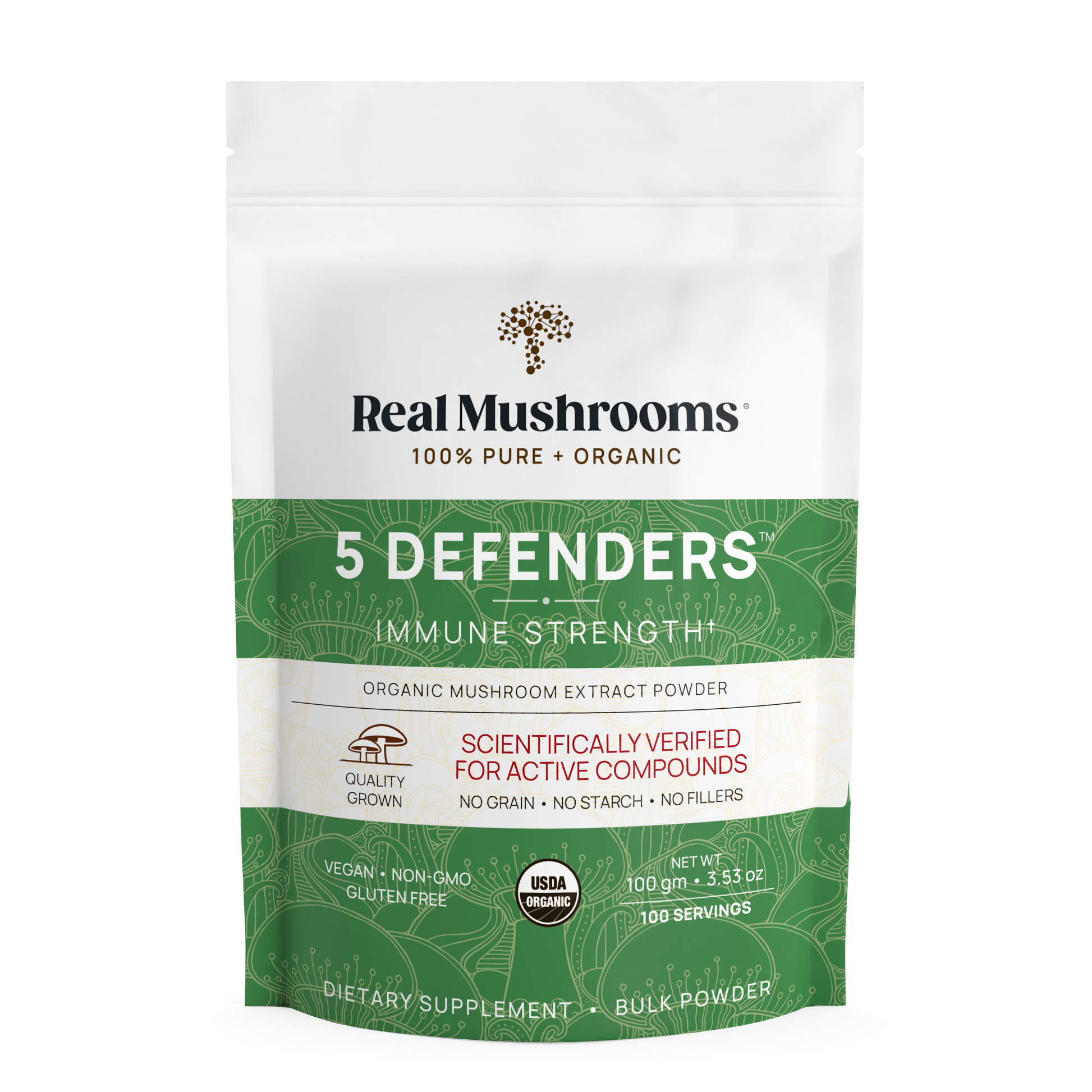 Real Mushrooms 5 Defenders Organic Mushroom Complex – Bulk Powder immune support.